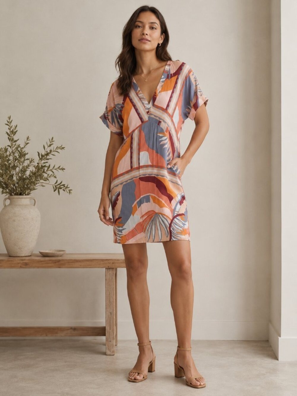 *Zinzane Abstract Tropical Print Dress Orange Pink V Neck Flutter Sleeve XS 0539